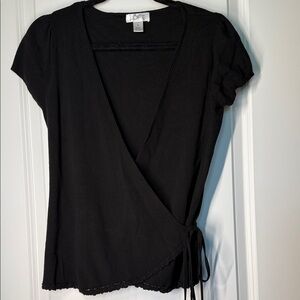 LOFT Black Short-Sleeve Wrap Top with Side Tie